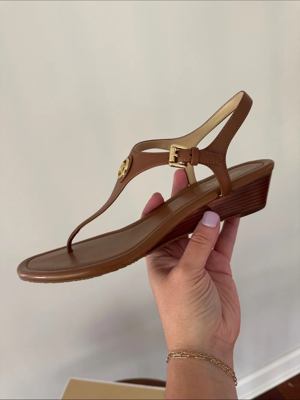 Michael Kors Cognac Leather T-Strap Sandals with Gold MK Accent